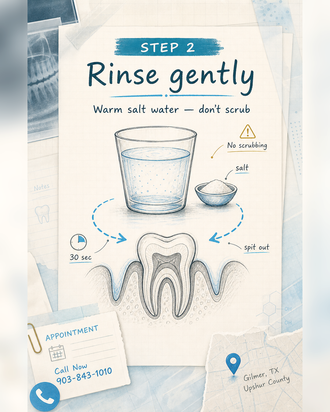 Saveable guide: what kind of dental emergency might this be? - slide 2 - Rinse gently with warm salt water. Do not scrub the sore area.