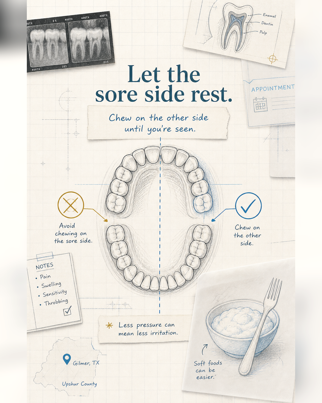 Saveable guide: what kind of dental emergency might this be? - slide 4 - Avoid chewing on that side until you know what is causing the pain.
