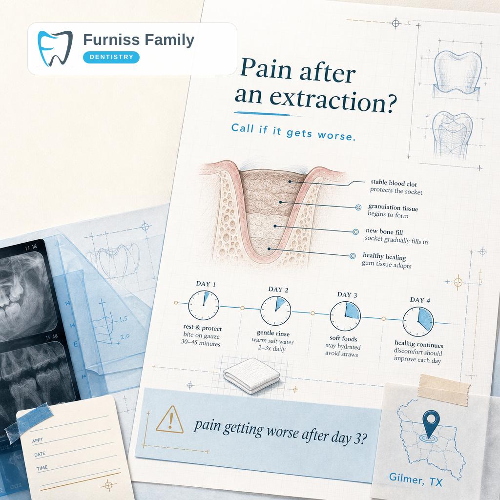 Pain after an extraction: call if symptoms get worse instead of better.