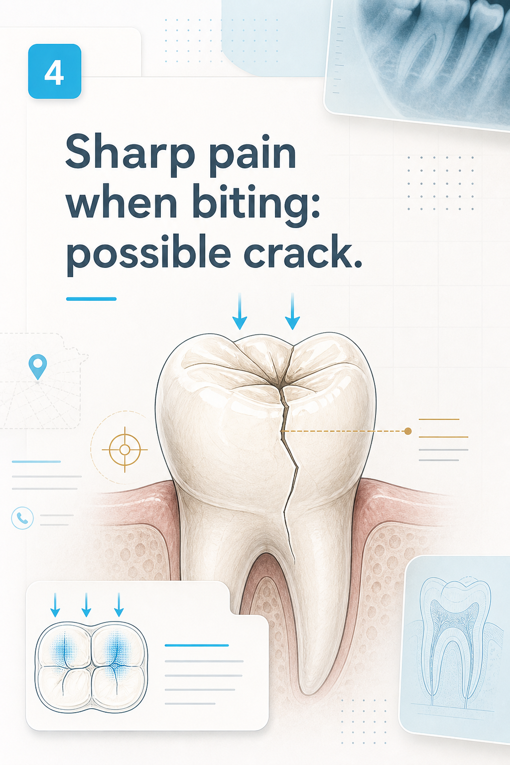 Short red-flag checklist: when tooth pain should not be ignored. - slide 4 - Sharp pain when biting: possible crack.