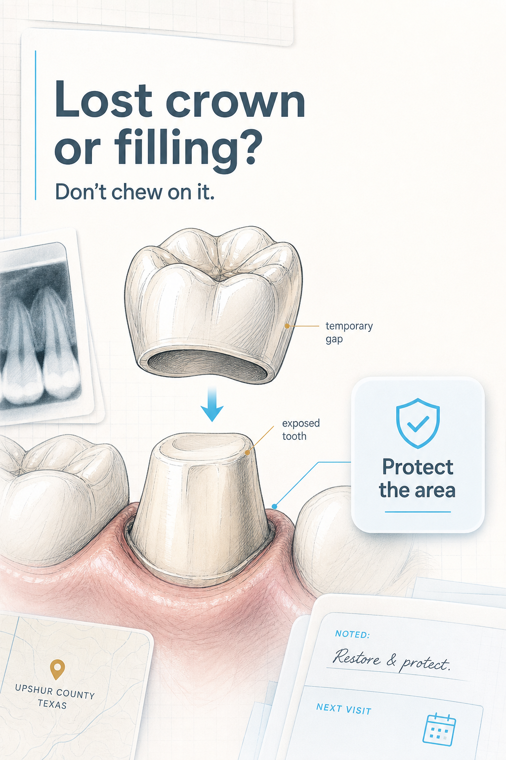 Short red-flag checklist: when tooth pain should not be ignored. - slide 7 - Lost crown or filling before chewing makes it worse.