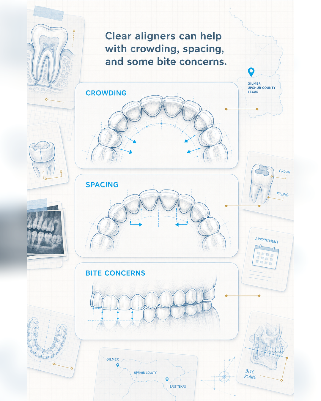 Visual guide: how to think about Invisalign candidacy before a consultation - slide 2 - Clear aligners can help with crowding, spacing, and some bite concerns.