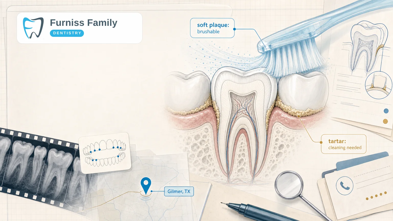 Illustration showing a toothbrush removing soft plaque while tartar remains near the gumline, explaining professional dental cleaning in Gilmer, TX